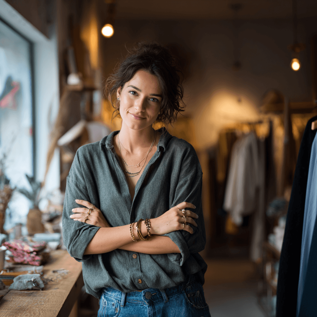 Boutique owner standing inside her small retail shop